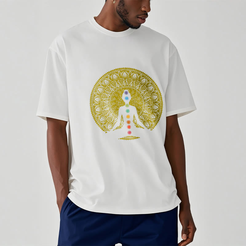 Buddha Stones Casual Colorful Chakra Symbols Golden Meditative Figure Pattern Cotton Tee T-shirt - image 7