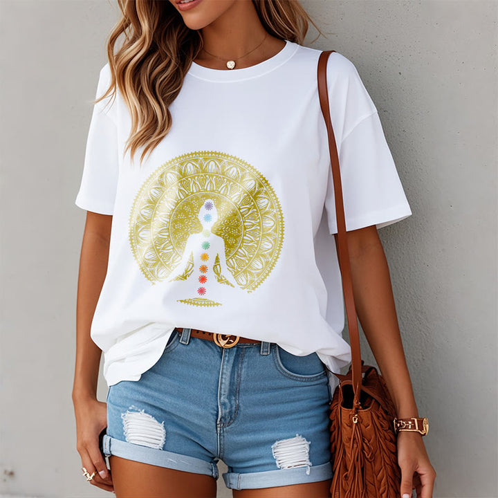 Buddha Stones Casual Colorful Chakra Symbols Golden Meditative Figure Pattern Cotton Tee T-shirt - image 8