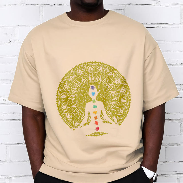 Buddha Stones Casual Colorful Chakra Symbols Golden Meditative Figure Pattern Cotton Tee T-shirt - image 10