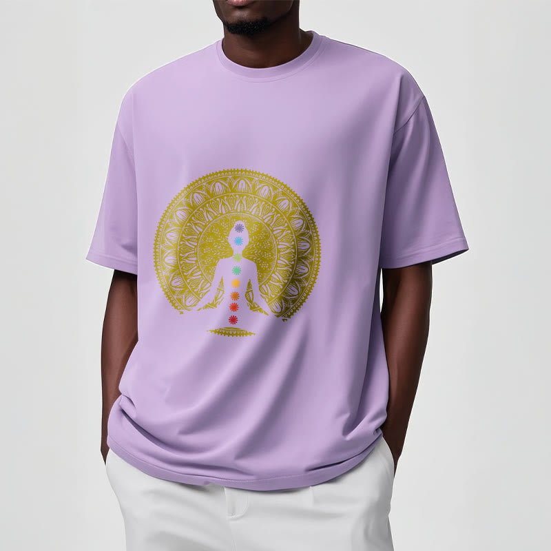 Buddha Stones Casual Colorful Chakra Symbols Golden Meditative Figure Pattern Cotton Tee T-shirt - image 18