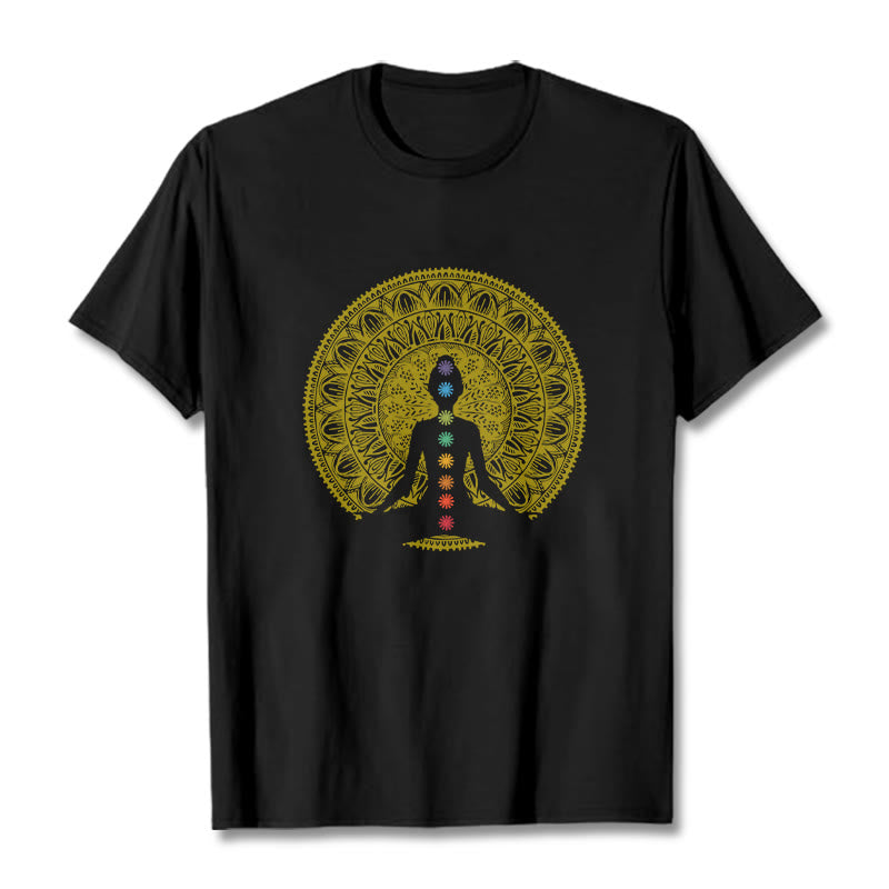 Buddha Stones Casual Colorful Chakra Symbols Golden Meditative Figure Pattern Cotton Tee T-shirt - Black - 2XL - image 1