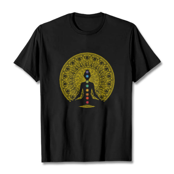 Buddha Stones Casual Colorful Chakra Symbols Golden Meditative Figure Pattern Cotton Tee T-shirt - Black - 2XL - image 1