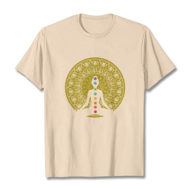 Buddha Stones Casual Colorful Chakra Symbols Golden Meditative Figure Pattern Cotton Tee T-shirt - Bisque - 2XL - image 9