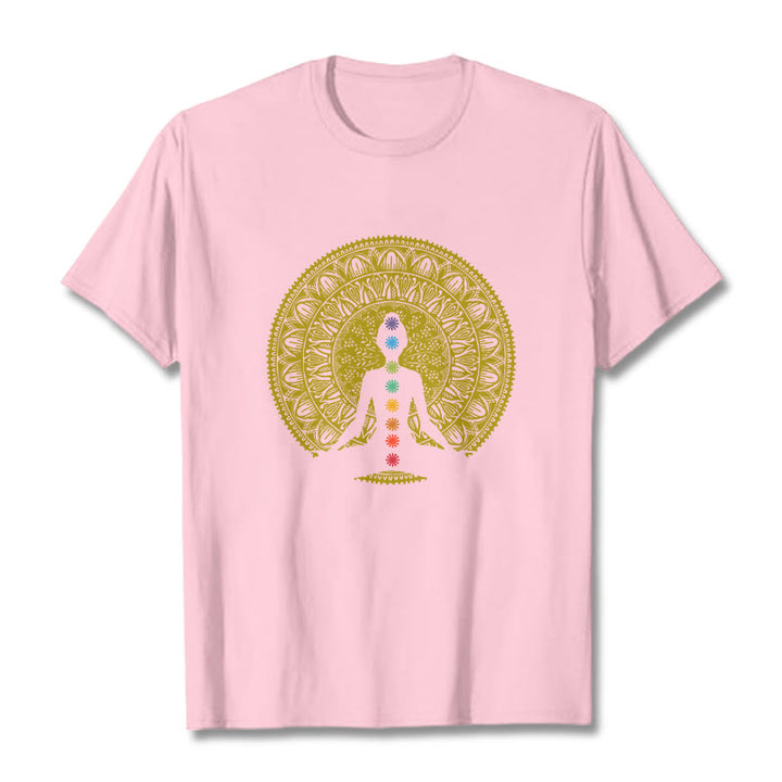 Buddha Stones Casual Colorful Chakra Symbols Golden Meditative Figure Pattern Cotton Tee T-shirt - LightPink - 2XL - image 13