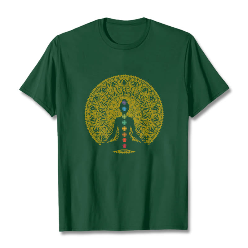 Buddha Stones Casual Colorful Chakra Symbols Golden Meditative Figure Pattern Cotton Tee T-shirt - ForestGreen - 2XL - image 11