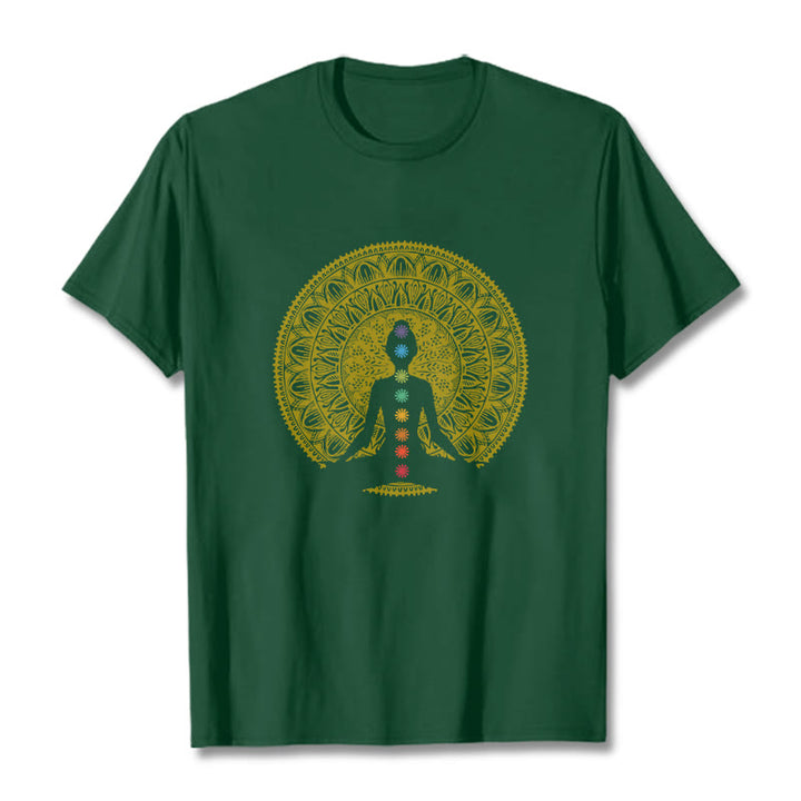 Buddha Stones Casual Colorful Chakra Symbols Golden Meditative Figure Pattern Cotton Tee T-shirt - ForestGreen - 2XL - image 11