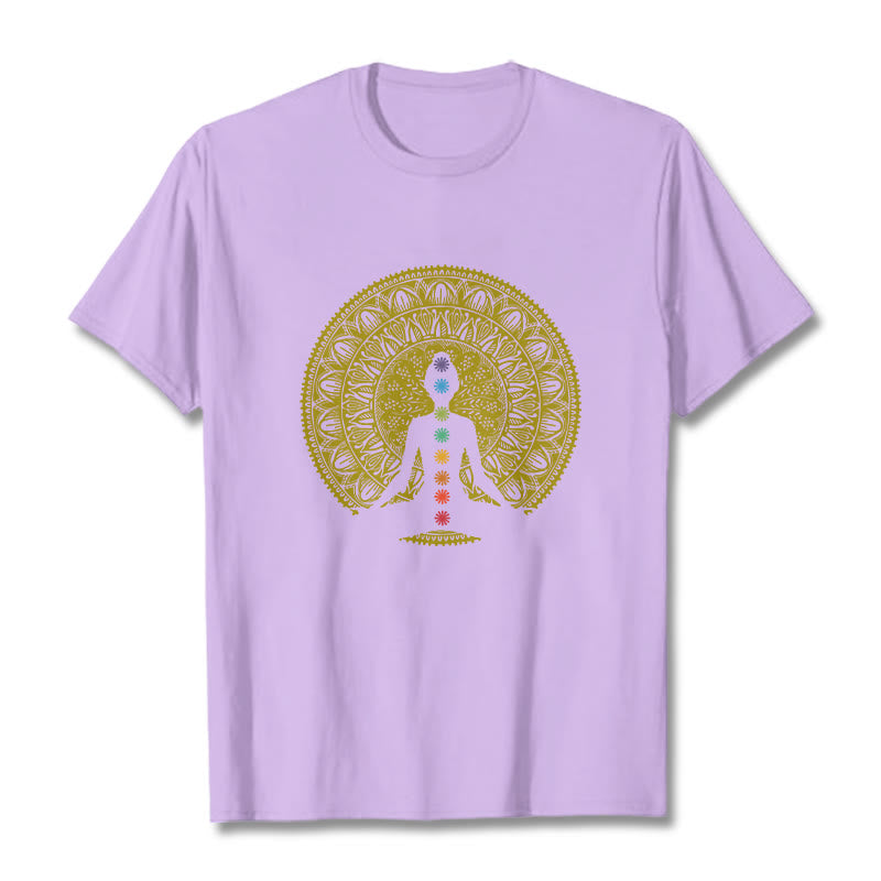 Buddha Stones Casual Colorful Chakra Symbols Golden Meditative Figure Pattern Cotton Tee T-shirt - Plum - 2XL - image 17