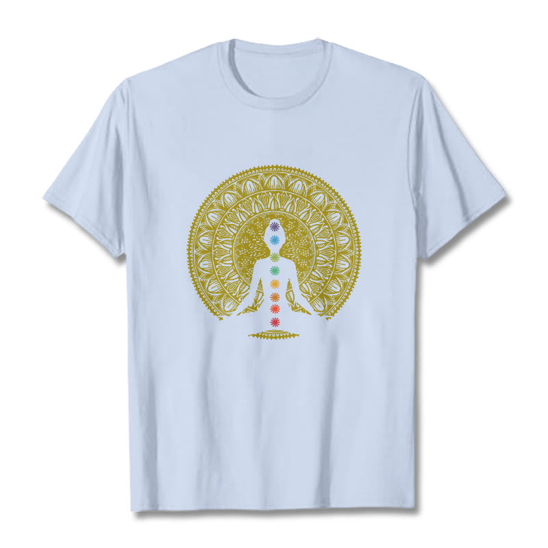 Buddha Stones Casual Colorful Chakra Symbols Golden Meditative Figure Pattern Cotton Tee T-shirt - LightCyan - 2XL - image 19