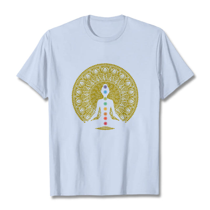 Buddha Stones Casual Colorful Chakra Symbols Golden Meditative Figure Pattern Cotton Tee T-shirt - LightCyan - 2XL - image 19