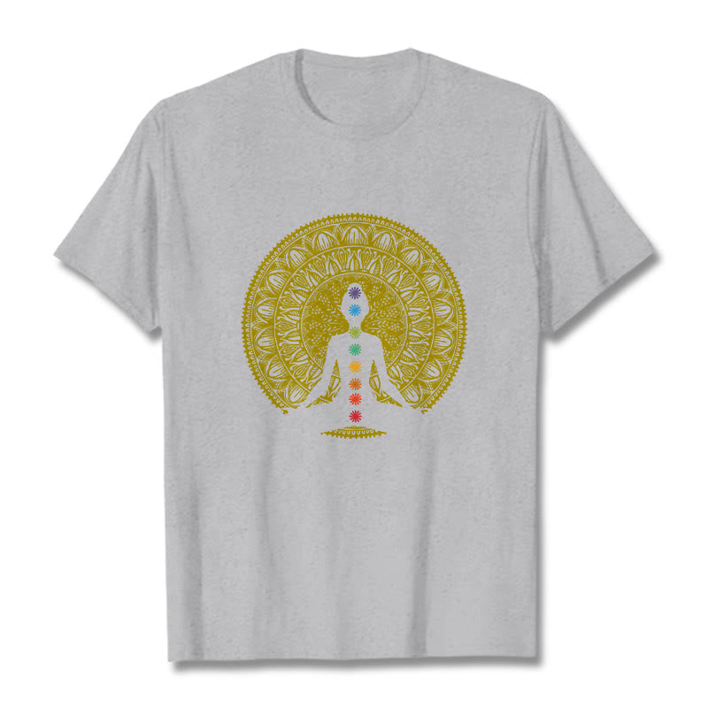Buddha Stones Casual Colorful Chakra Symbols Golden Meditative Figure Pattern Cotton Tee T-shirt - LightGrey - 2XL - image 20