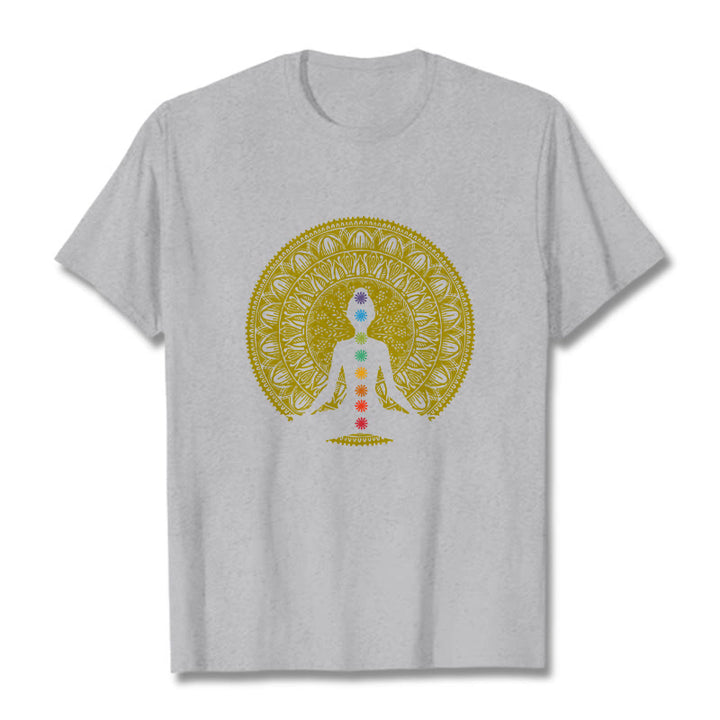Buddha Stones Casual Colorful Chakra Symbols Golden Meditative Figure Pattern Cotton Tee T-shirt - LightGrey - 2XL - image 20