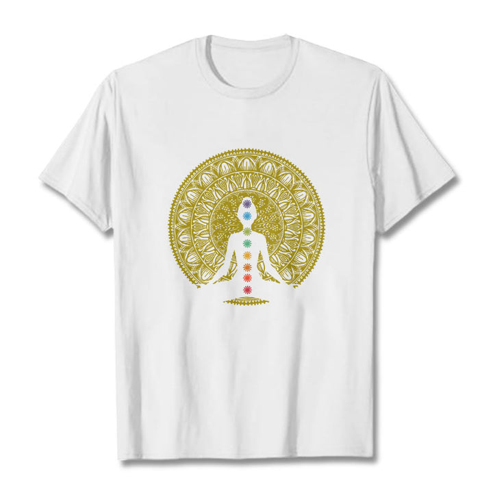 Buddha Stones Casual Colorful Chakra Symbols Golden Meditative Figure Pattern Cotton Tee T-shirt - White - 2XL - image 6