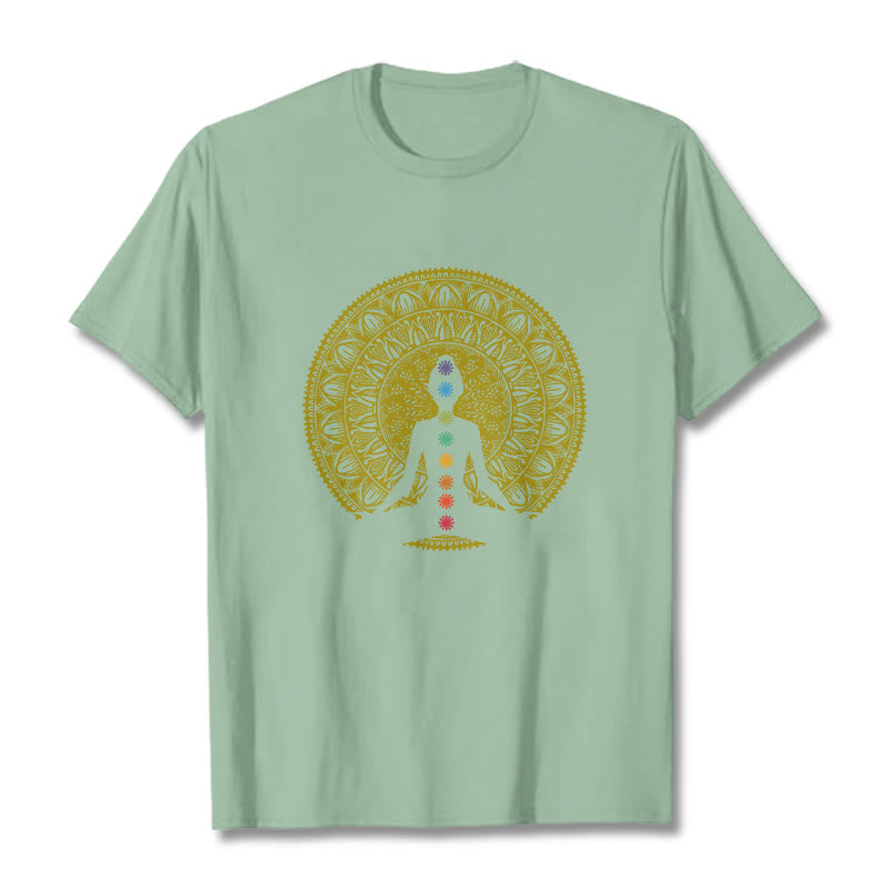 Buddha Stones Casual Colorful Chakra Symbols Golden Meditative Figure Pattern Cotton Tee T-shirt - PaleGreen - 2XL - image 15