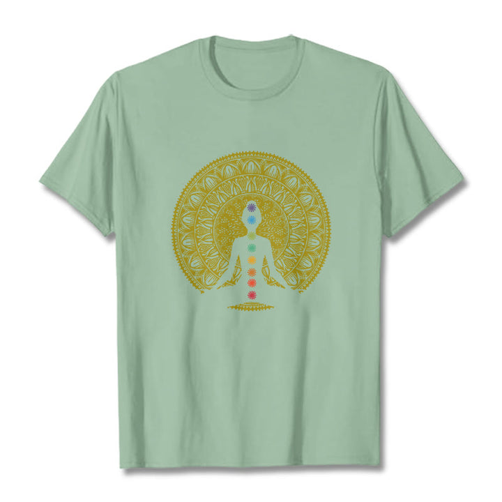 Buddha Stones Casual Colorful Chakra Symbols Golden Meditative Figure Pattern Cotton Tee T-shirt - PaleGreen - 2XL - image 15