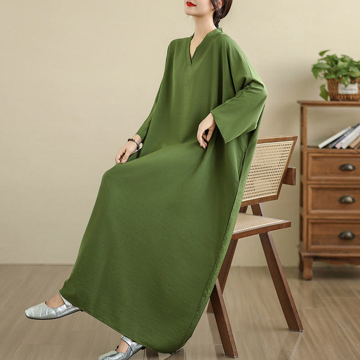 Buddha Stones Retro Casual Solid Color Long Sleeve Cotton Linen Maxi Dress With Pockets - image 7