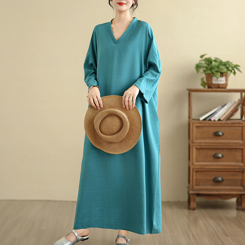 Buddha Stones Retro Casual Solid Color Long Sleeve Cotton Linen Maxi Dress With Pockets - image 18