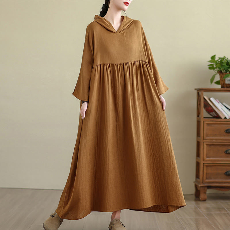 Buddha Stones Fall Hoodie Design Long Sleeve Cotton Linen Midi Dress With Pockets - DarkGoldenrod - US4-8/10，UK/AU8-12/14，EU36-40/42(F) - image 0