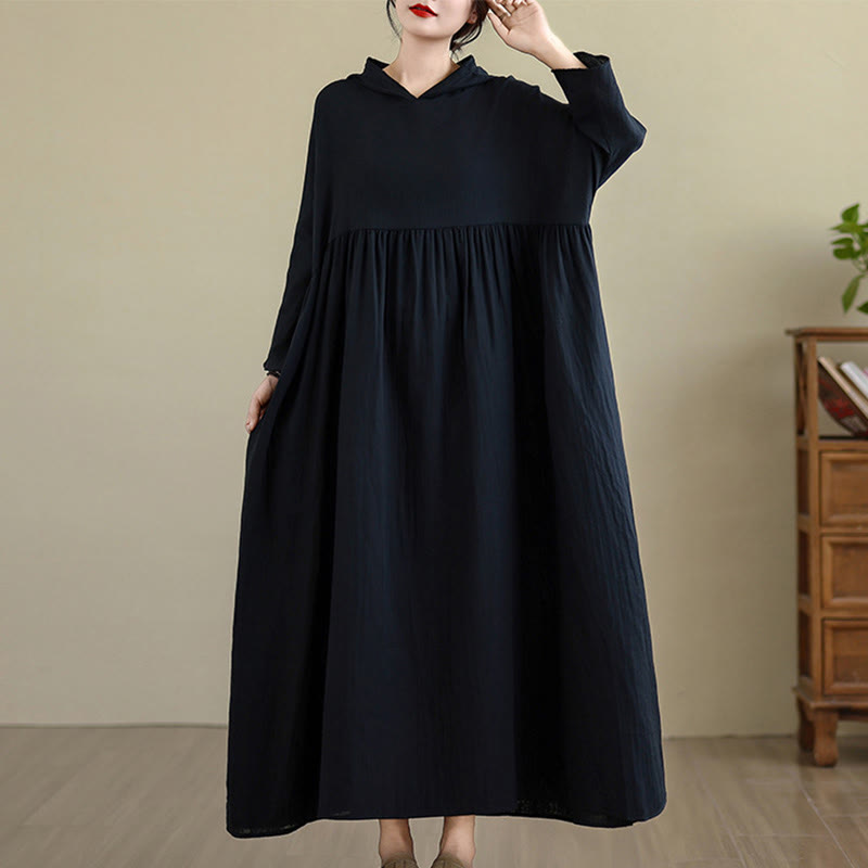 Buddha Stones Fall Hoodie Design Long Sleeve Cotton Linen Midi Dress With Pockets - Black - US4-8/10，UK/AU8-12/14，EU36-40/42(F) - image 11