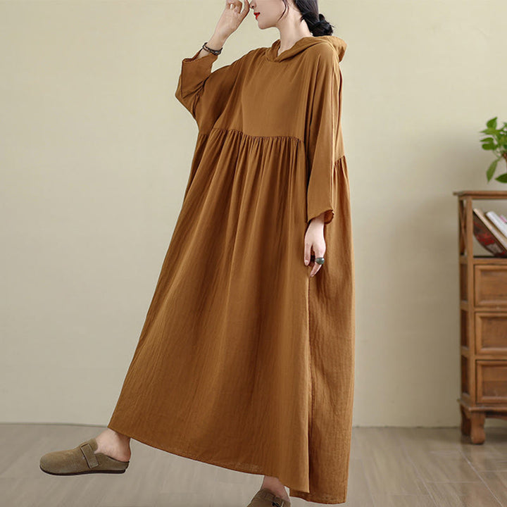 Buddha Stones Fall Hoodie Design Long Sleeve Cotton Linen Midi Dress With Pockets - image 3
