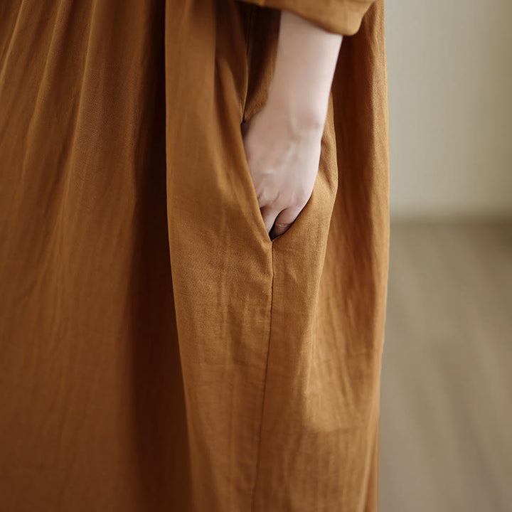 Buddha Stones Fall Hoodie Design Long Sleeve Cotton Linen Midi Dress With Pockets - image 9