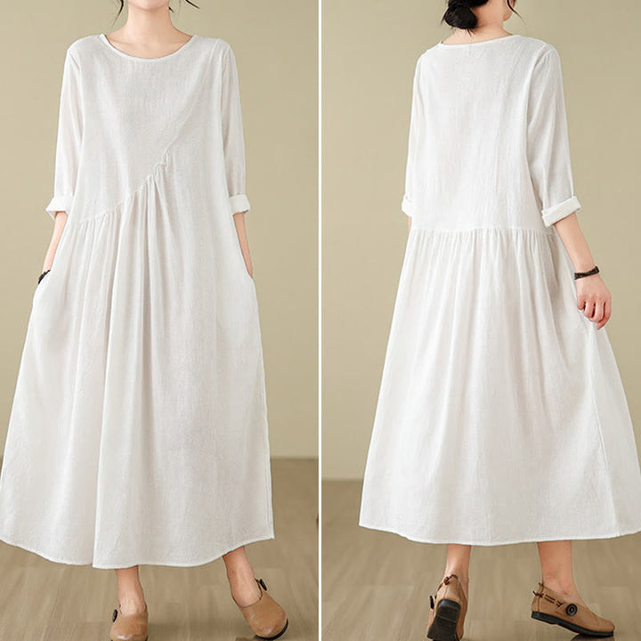 Buddha Stones Plain Jacquard Flower Irregular Long Sleeve Cotton Linen Midi Dress With Pockets - image 21