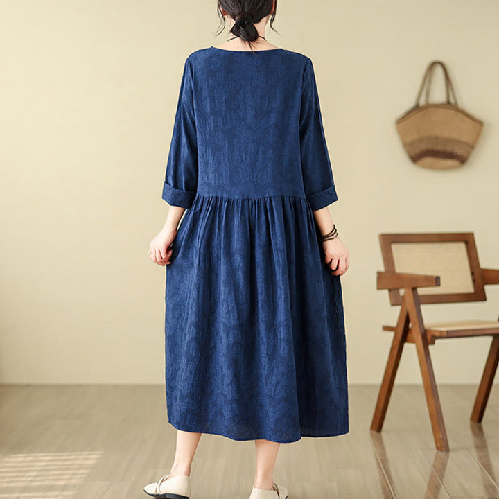 Buddha Stones Plain Jacquard Flower Irregular Long Sleeve Cotton Linen Midi Dress With Pockets - image 3