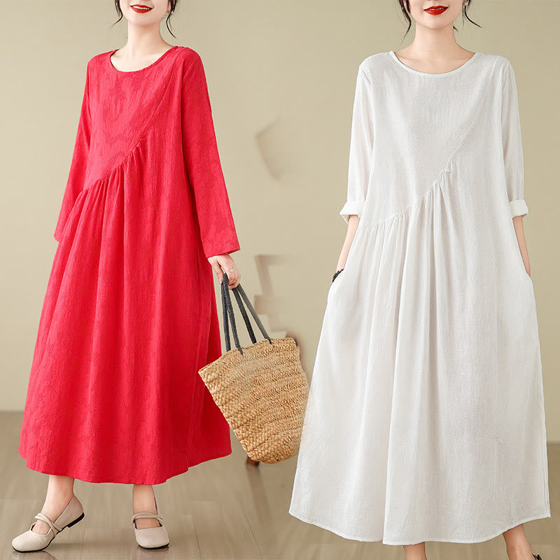 Buddha Stones Plain Jacquard Flower Irregular Long Sleeve Cotton Linen Midi Dress With Pockets - image 23