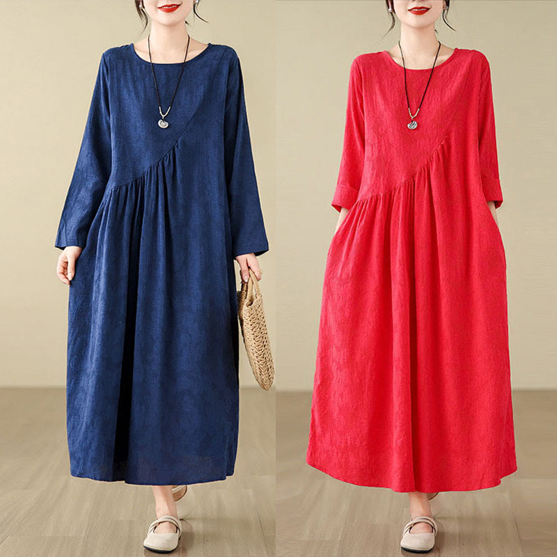 Buddha Stones Plain Jacquard Flower Irregular Long Sleeve Cotton Linen Midi Dress With Pockets - image 22