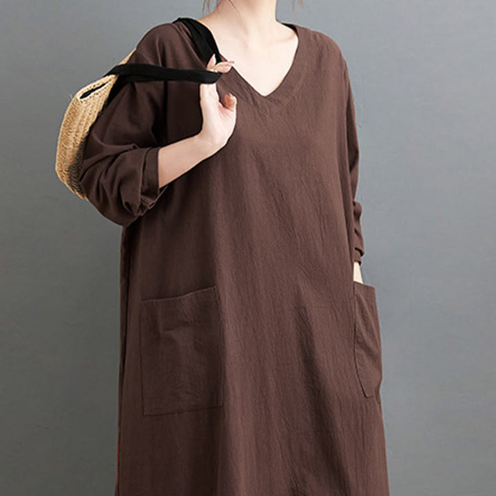 Buddha Stones Fall Casual Simple Design Long Sleeve Cotton Linen Maxi Dress With Pockets - image 4
