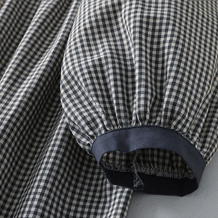 Buddha Stones Casual Plaid Pattern Long Lantern Sleeve Cotton Linen Midi Dress With Pockets - image 14