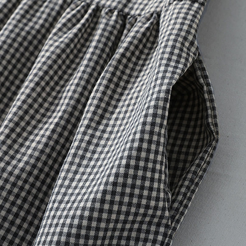 Buddha Stones Casual Plaid Pattern Long Lantern Sleeve Cotton Linen Midi Dress With Pockets - image 15