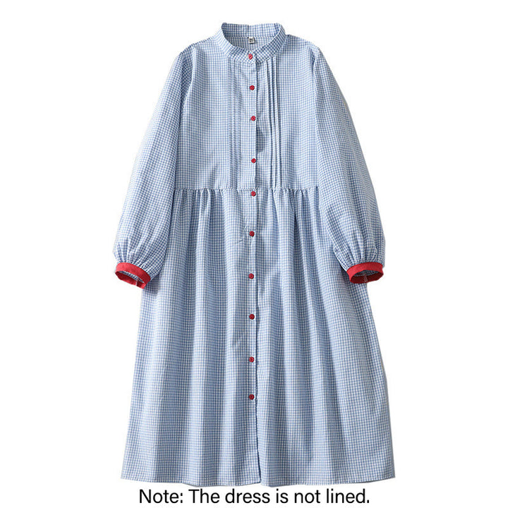 Buddha Stones Casual Plaid Pattern Long Lantern Sleeve Cotton Linen Midi Dress With Pockets - image 2