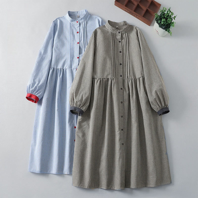 Buddha Stones Casual Plaid Pattern Long Lantern Sleeve Cotton Linen Midi Dress With Pockets - image 17