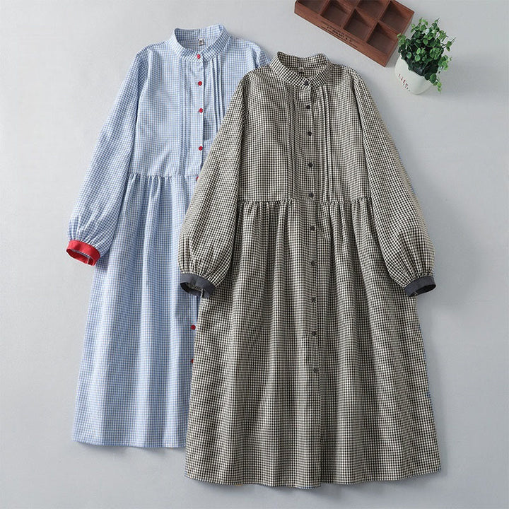Buddha Stones Casual Plaid Pattern Long Lantern Sleeve Cotton Linen Midi Dress With Pockets - image 17