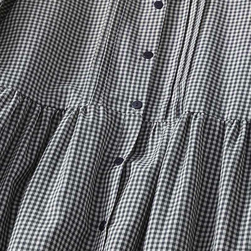 Buddha Stones Casual Plaid Pattern Long Lantern Sleeve Cotton Linen Midi Dress With Pockets - image 12