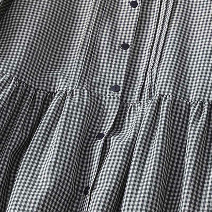 Buddha Stones Casual Plaid Pattern Long Lantern Sleeve Cotton Linen Midi Dress With Pockets - image 12