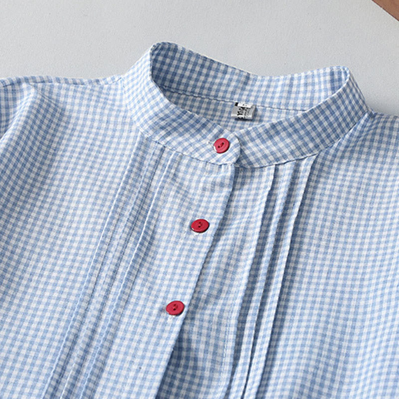 Buddha Stones Casual Plaid Pattern Long Lantern Sleeve Cotton Linen Midi Dress With Pockets - image 3