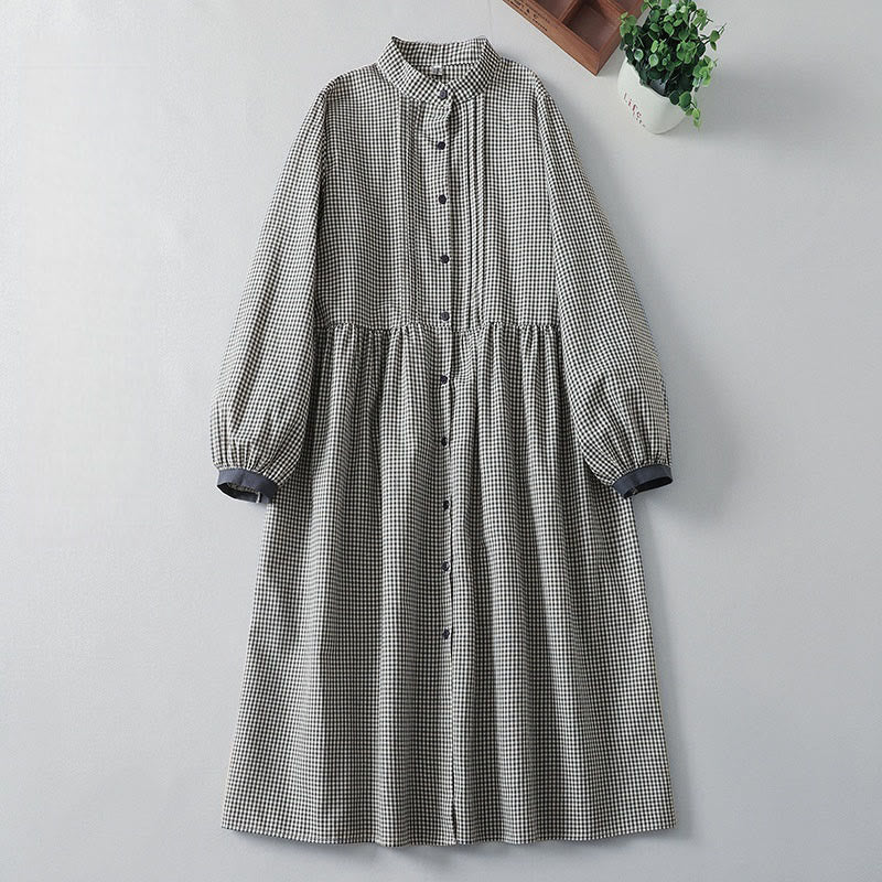 Buddha Stones Casual Plaid Pattern Long Lantern Sleeve Cotton Linen Midi Dress With Pockets - Black - US8-10，UK/AU12-14，EU40-42 (2XL) - image 7