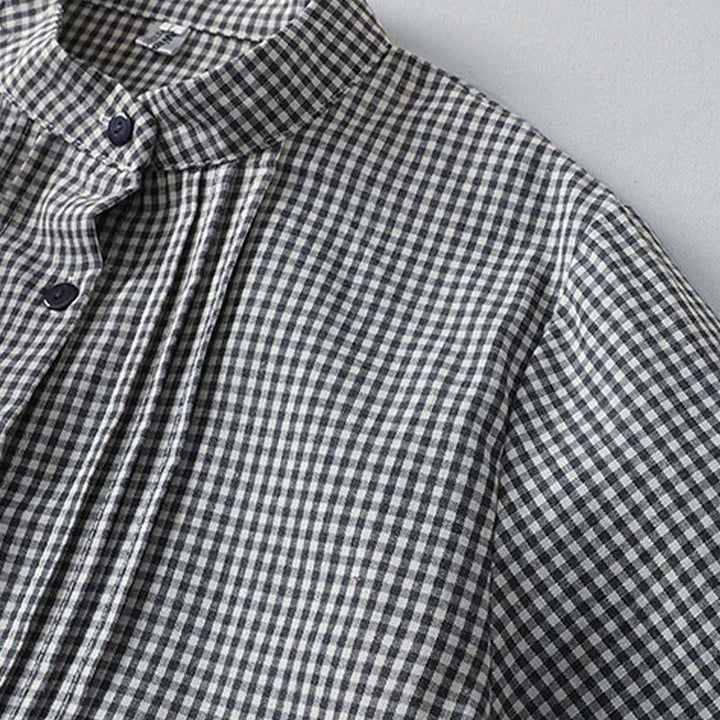 Buddha Stones Casual Plaid Pattern Long Lantern Sleeve Cotton Linen Midi Dress With Pockets - image 10