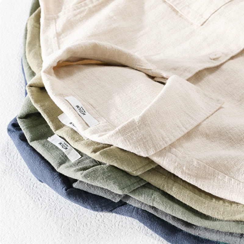 Buddha Stones Commute Men's Plain Buttons Design Cotton Linen Long Sleeve Shirt With Pockets - image 23