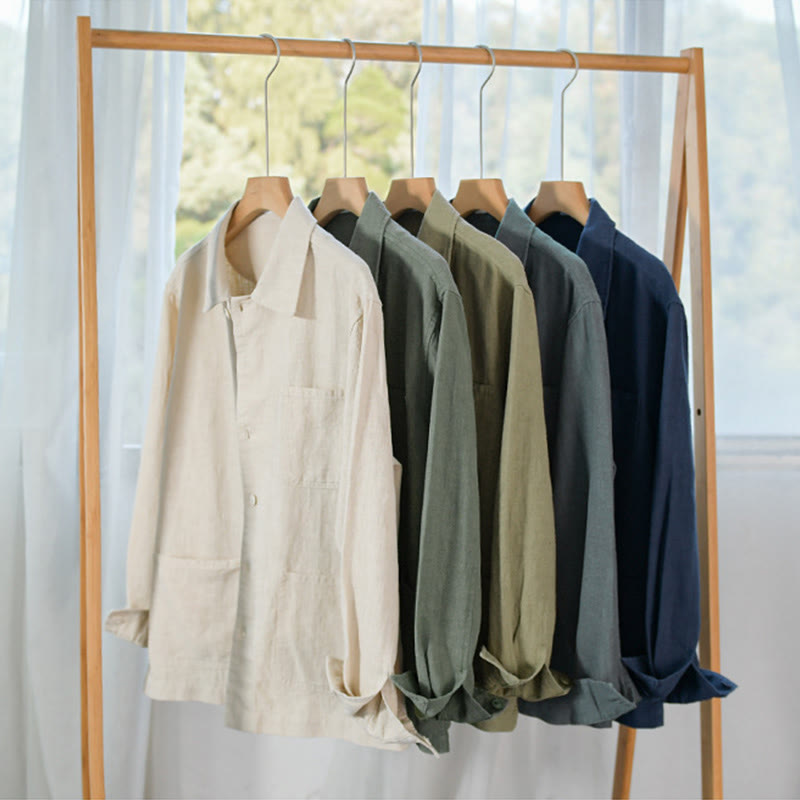 Buddha Stones Commute Men's Plain Buttons Design Cotton Linen Long Sleeve Shirt With Pockets - image 26