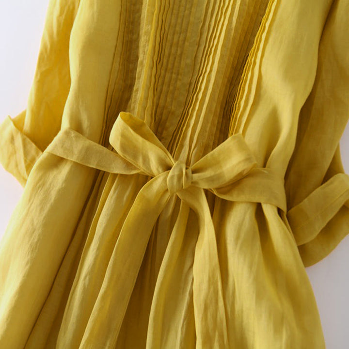 Buddha Stones Casual Lace-up Plain Crew Neck Half Sleeve Midi Dress With Pockets - image 8