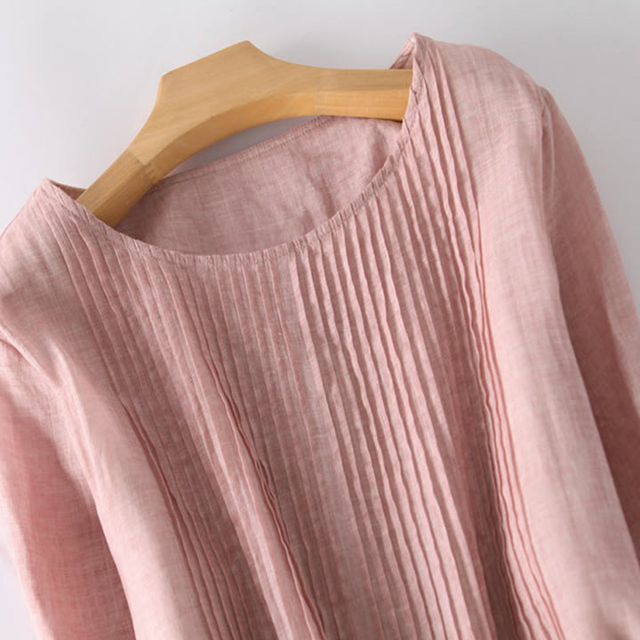 Buddha Stones Casual Lace-up Plain Crew Neck Half Sleeve Midi Dress With Pockets - image 4