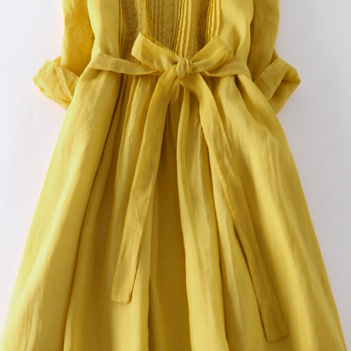 Buddha Stones Casual Lace-up Plain Crew Neck Half Sleeve Midi Dress With Pockets - image 12