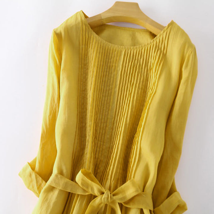 Buddha Stones Casual Lace-up Plain Crew Neck Half Sleeve Midi Dress With Pockets - image 10