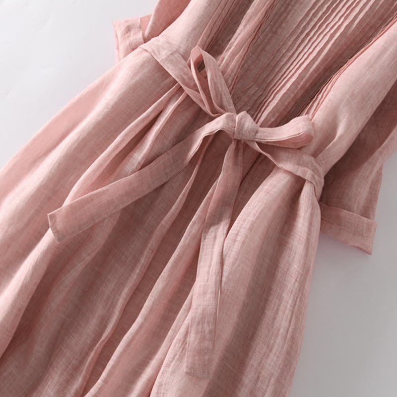 Buddha Stones Casual Lace-up Plain Crew Neck Half Sleeve Midi Dress With Pockets - image 2