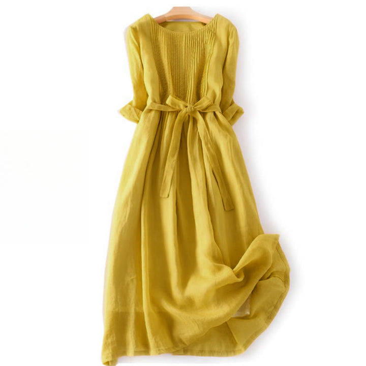 Buddha Stones Casual Lace-up Plain Crew Neck Half Sleeve Midi Dress With Pockets - Gold - US12，UK/AU16，EU44 (3XL) - image 5