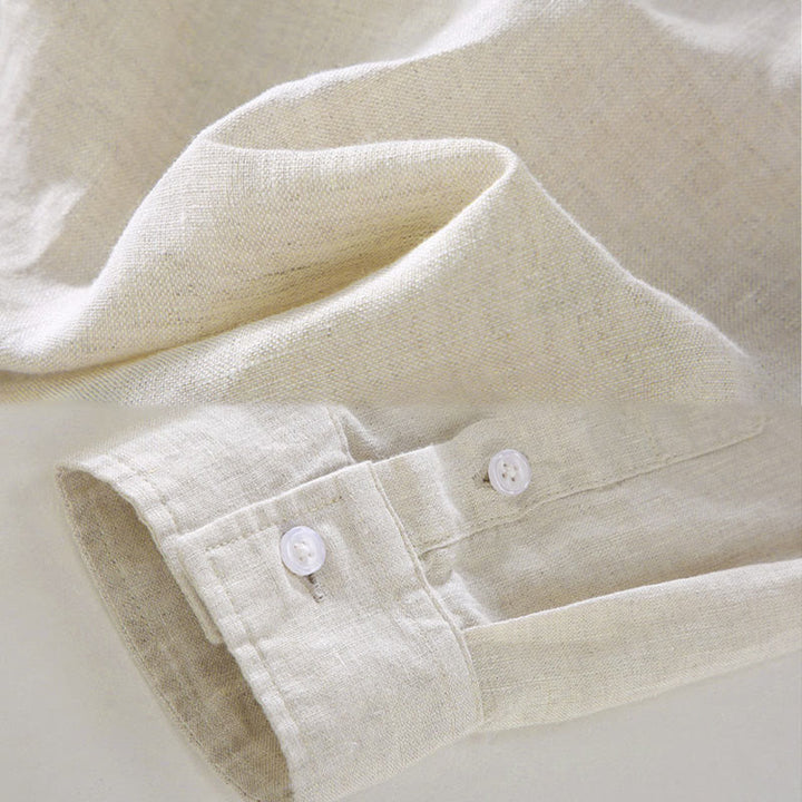 Buddha Stones Spring Men's Casual Pure Color Linen Long Sleeve Shirt With Pocket - image 2