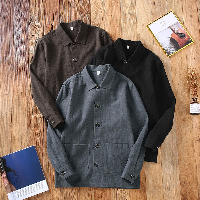 Buddha Stones Commute Plain Long Sleeve Button Lapel  Design Men's Ramie Linen Jacket With Pockets - image 12