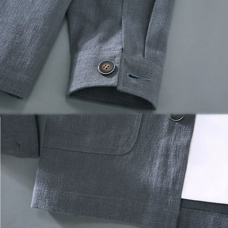 Buddha Stones Commute Plain Long Sleeve Button Lapel  Design Men's Ramie Linen Jacket With Pockets - image 10